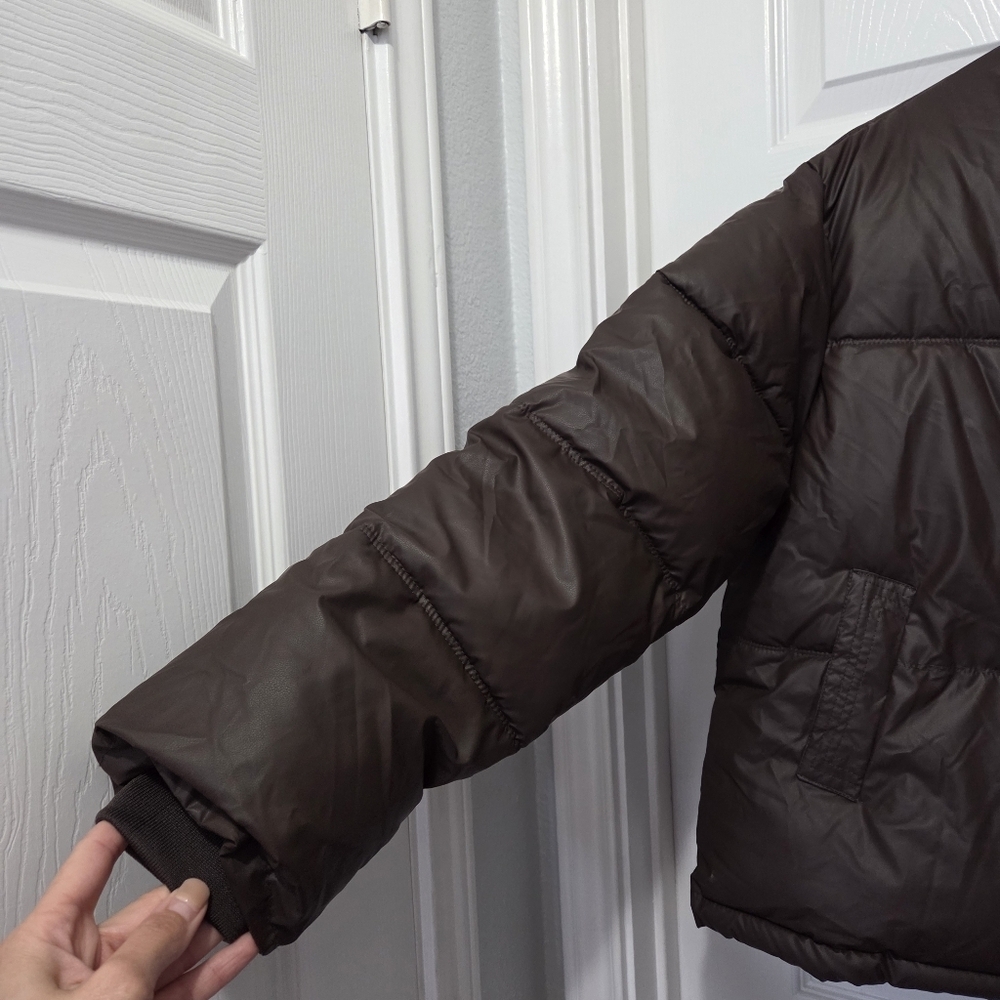 Express Women Brown Vegan Leather Cropped Puffer Jacket Size XL - Picture 8 of 15